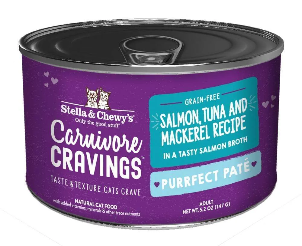 Stella & Chewy's Carnivore Cravings Purrfect Pate Salmon, Tuna & Mackerel Pate Recipe in Broth Wet Cat Food healthy cat food, premium dry cat food