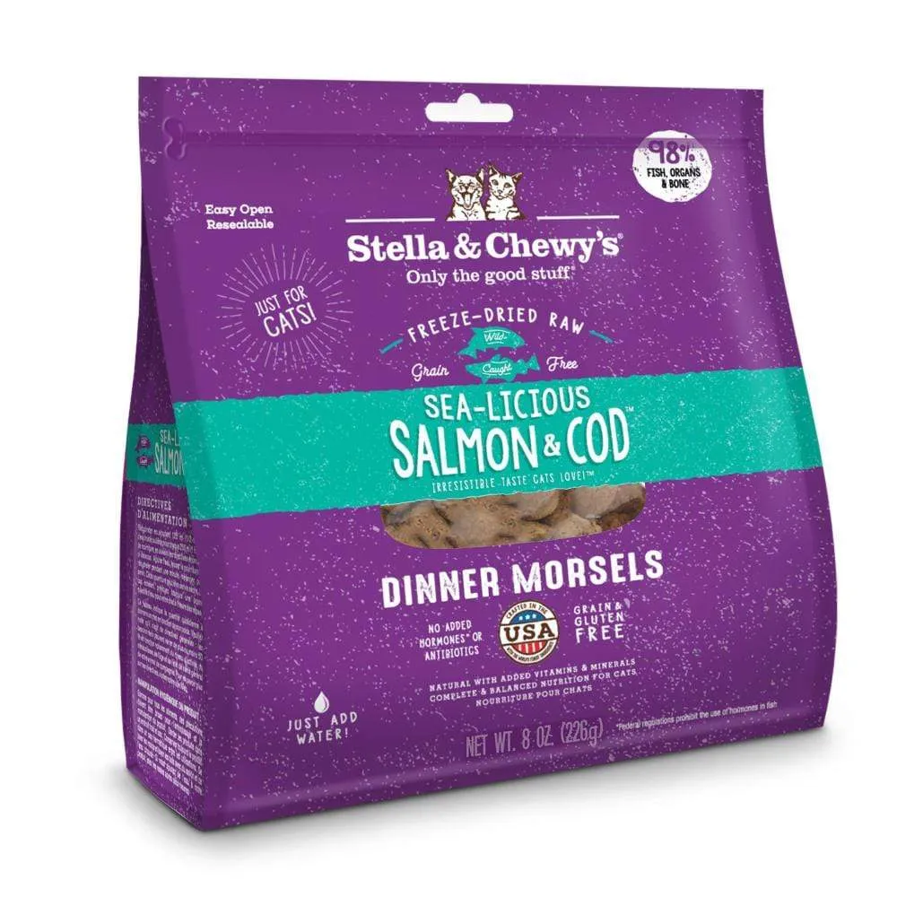 Stella & Chewy's Sea-Licious Salmon & Cod Dinner Morsels Grain Free Freeze Dried Raw Cat Food raw food for cats, raw meat cat diet