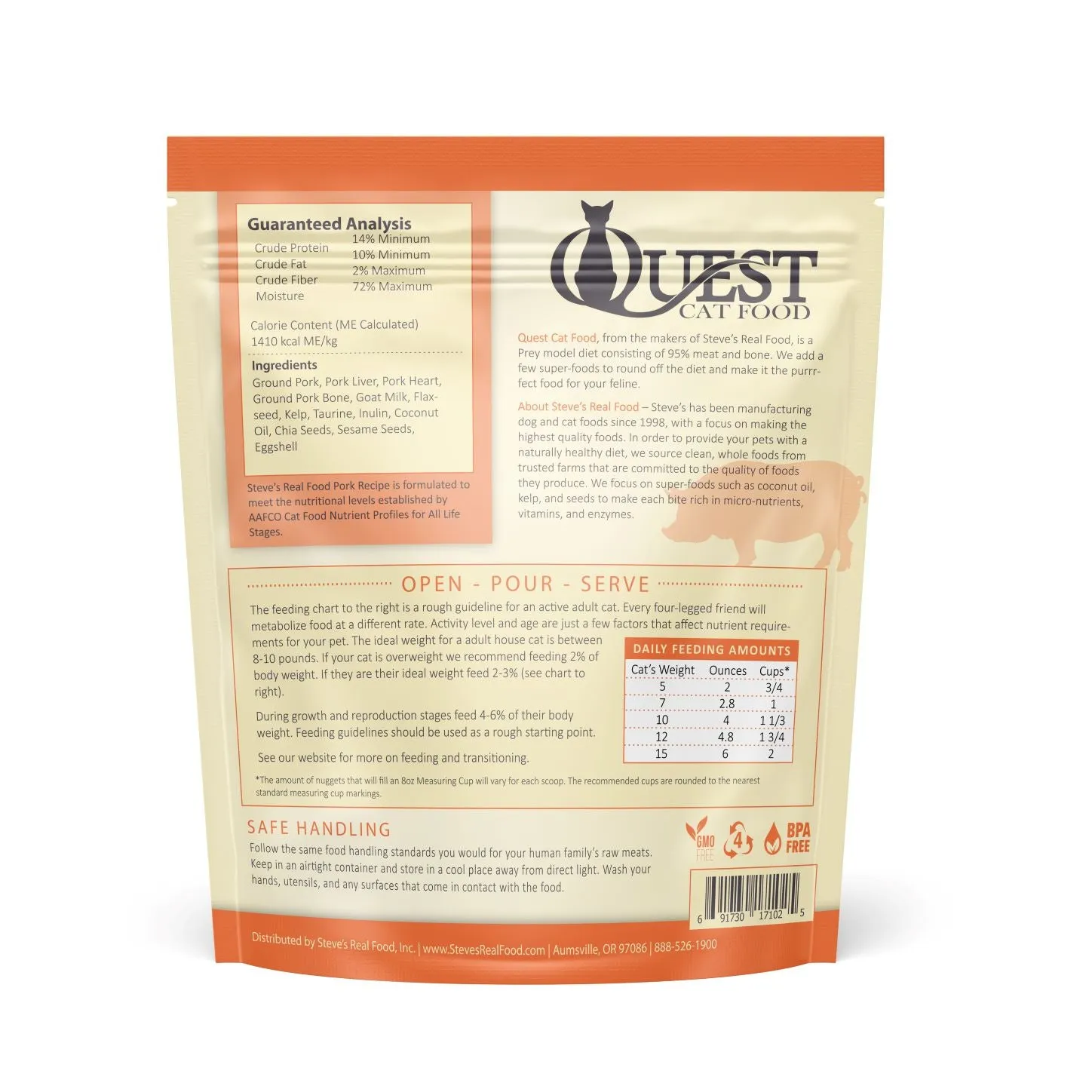 Steve's Real Food Quest Raw Frozen Pork Diet Food for Cats
