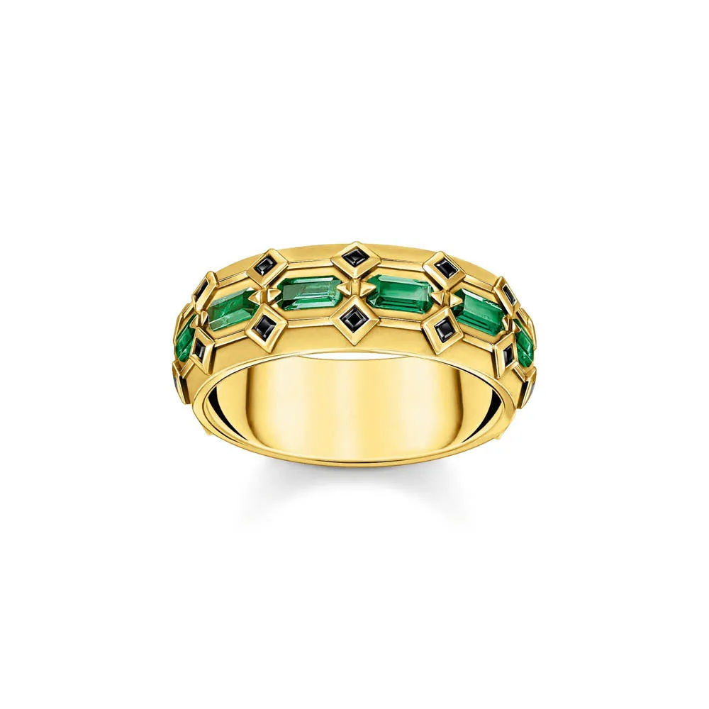 Thomas Sabo Silver Jewellery Thomas Sabo Yellow Gold Plated Crocodile Rock Green Wide Ring