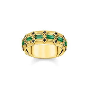 Thomas Sabo Silver Jewellery Thomas Sabo Yellow Gold Plated Crocodile Rock Green Wide Ring
