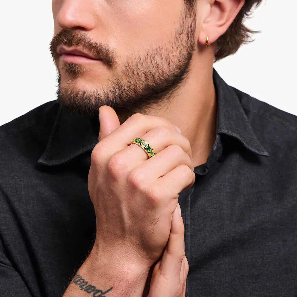 Thomas Sabo Silver Jewellery Thomas Sabo Yellow Gold Plated Crocodile Rock Green Wide Ring