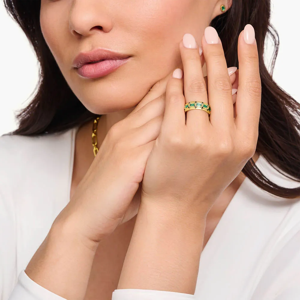 Thomas Sabo Silver Jewellery Thomas Sabo Yellow Gold Plated Crocodile Rock Green Wide Ring