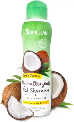 TropiClean Gentle Coconut Hypoallergenic Cat & Kitten Shampoo cat grooming brush, cat shampoo