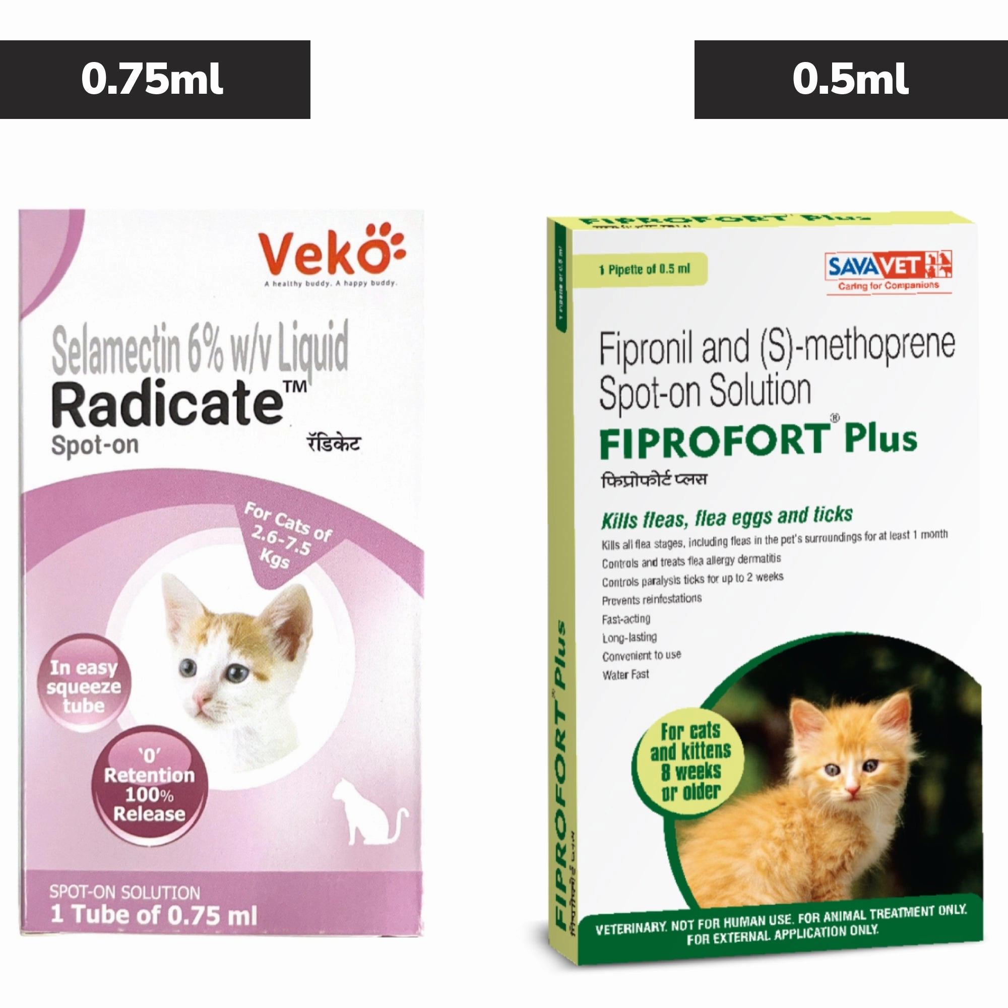 Veko Radicate (Selamectin) 0.75ml and Savavet Fiprofort Plus (Fipronil) Tick & Flea Control Spot On 0.5ml for Cats Combo