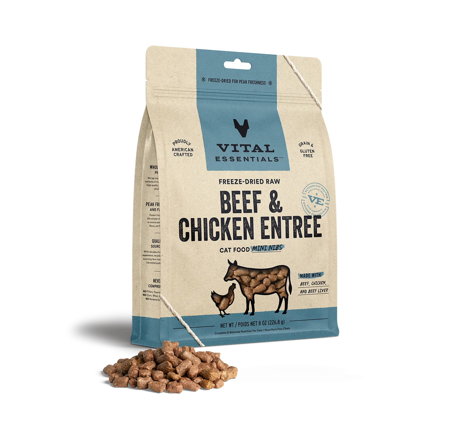 Vital Essentials Beef & Chicken Entree Mini Nibs Freeze-Dried Raw Cat Food grain free cat food, no grain dry cat food