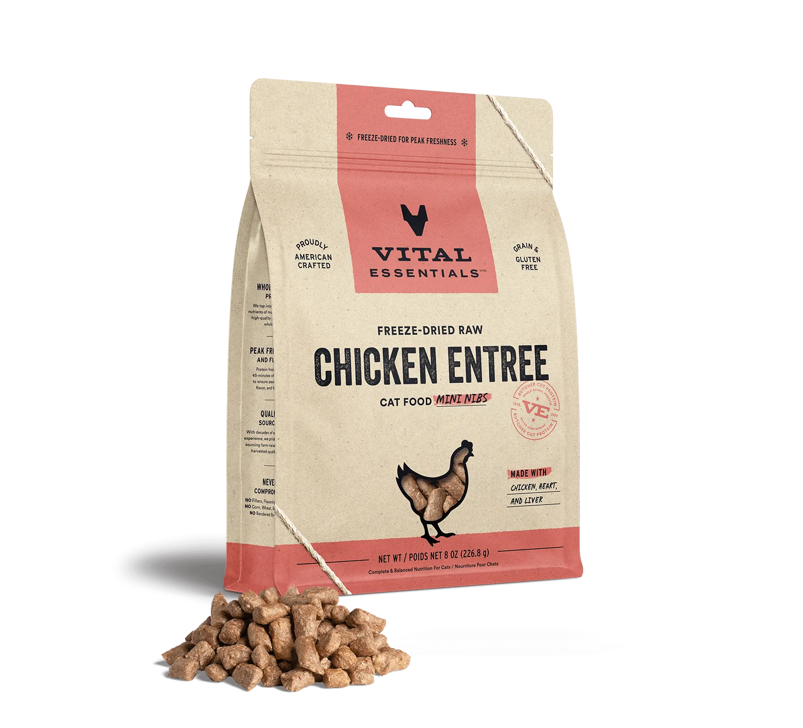 Vital Essentials Chicken Entree Mini Nibs Freeze-Dried Raw Cat Food raw food for cats, raw meat cat diet