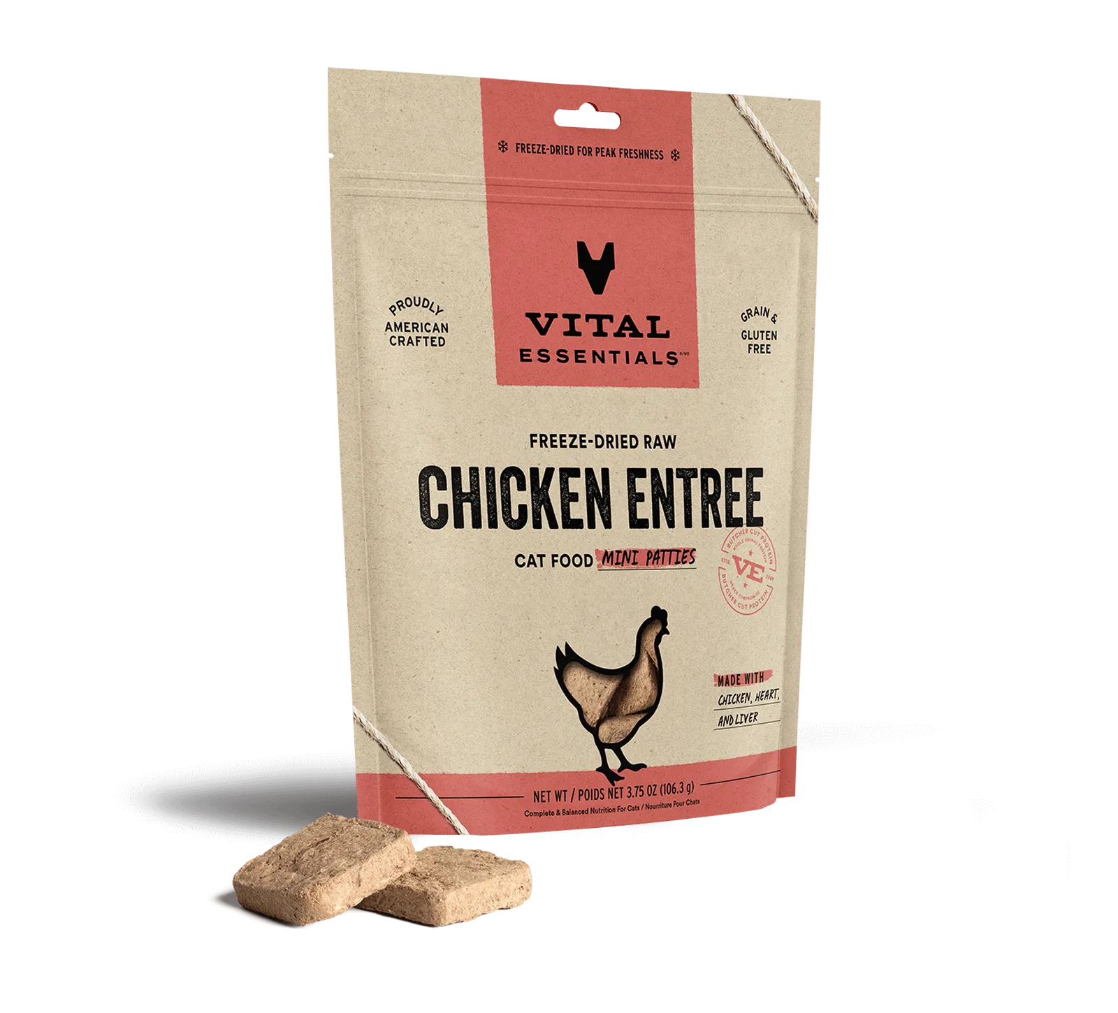 Vital Essentials Chicken Entree Mini Patties Freeze-Dried Raw Cat Food grain free cat food, no grain dry cat food