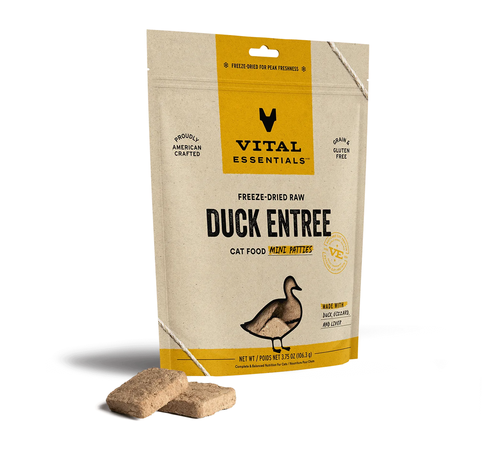 Vital Essentials Duck Entree Mini Patties Freeze-Dried Raw Cat Food raw food for cats, raw meat cat diet