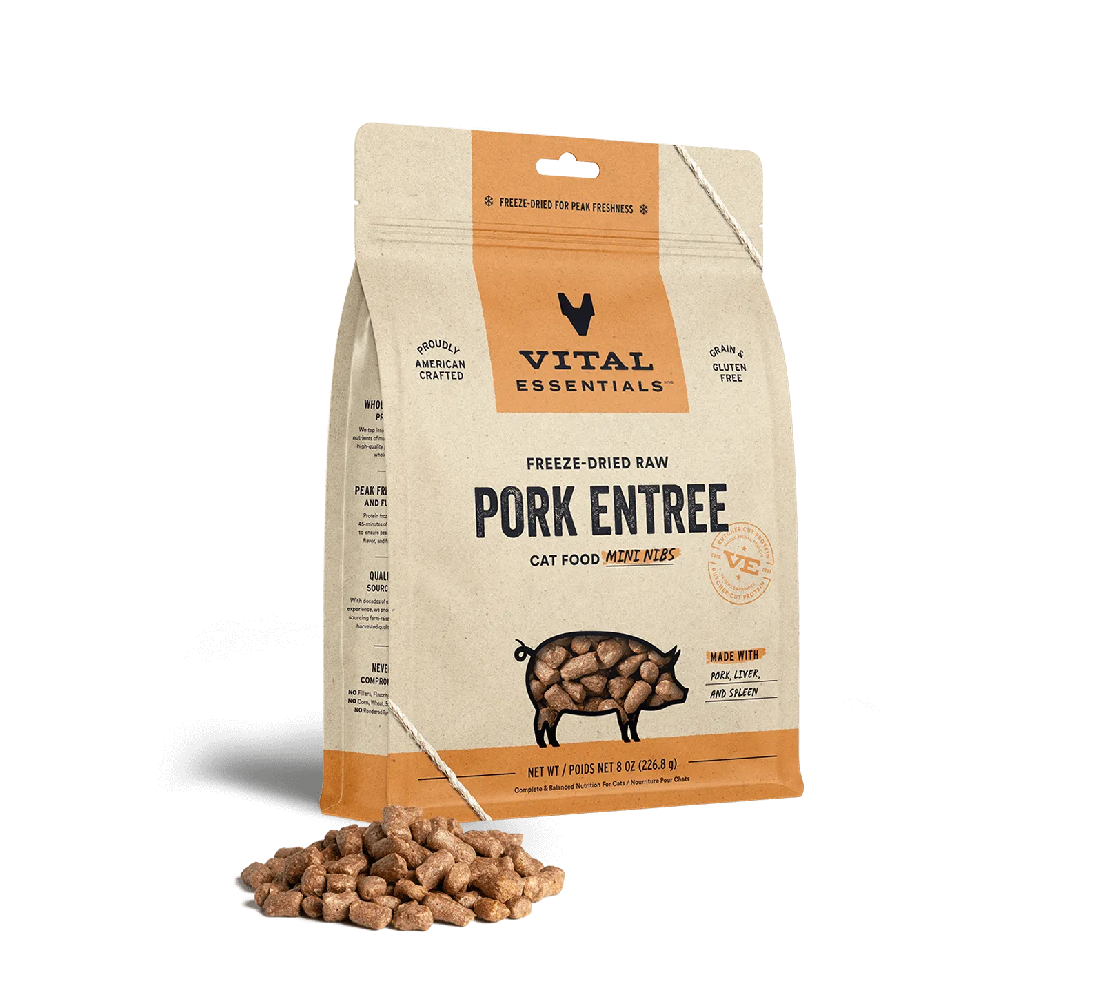 Vital Essentials Pork Entree Mini Nibs Freeze-Dried Raw Cat Food raw food for cats, raw meat cat diet