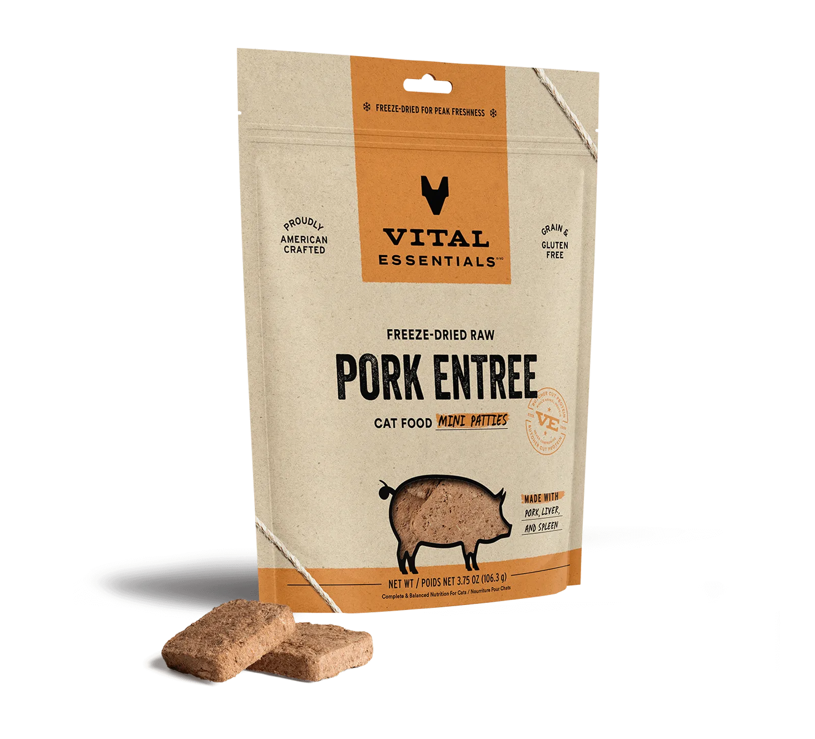 Vital Essentials Pork Entree Mini Patties Freeze-Dried Raw Cat Food raw food for cats, raw meat cat diet