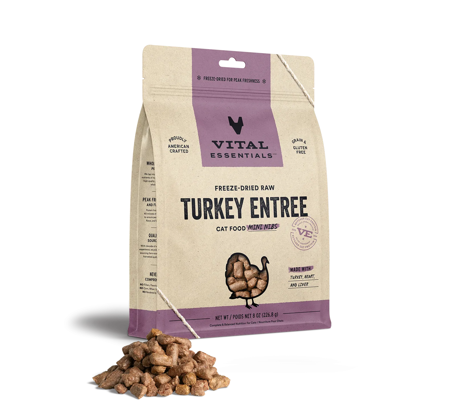 Vital Essentials Turkey Entree Mini Nibs Freeze-Dried Raw Cat Food raw food for cats, raw meat cat diet