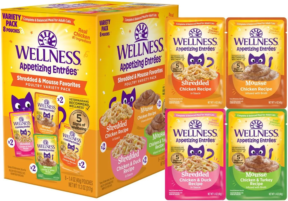 Wellness Appetizing Entrees Shredded & Mouse Favorites Poultry Variety Pack Pouches Wet Cat Food (8 pack) healthy cat food, premium dry cat food