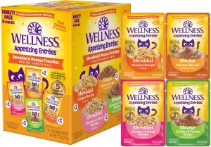 Wellness Appetizing Entrees Shredded & Mouse Favorites Poultry Variety Pack Pouches Wet Cat Food (8 pack) grain free cat food, no grain dry cat food