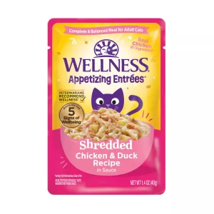 Wellness Appetizing Entrees Shredded Chicken & Duck Wet Cat Food Pouch healthy cat food, premium dry cat food