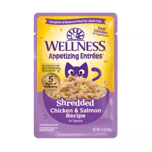 Wellness Appetizing Entrees Shredded Chicken & Salmon Wet Cat Food Pouch grain free cat food, no grain dry cat food
