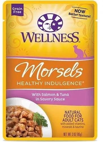 Wellness Healthy Indulgence Natural Grain Free Morsels with Salmon and Tuna in Savory Sauce Cat Food Pouch healthy cat food, premium dry cat food