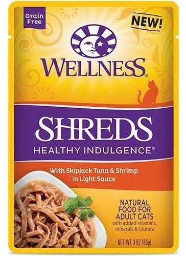 Wellness Healthy Indulgence Natural Grain Free Shreds with Tuna and Shrimp in Light Sauce Cat Food Pouch wet cat food, canned cat food