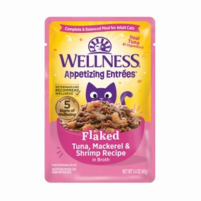 Wellness Appetizing Entrees Flaked Tuna, Mackerel & Shrimp Wet Cat Food Pouch healthy cat food, premium dry cat food